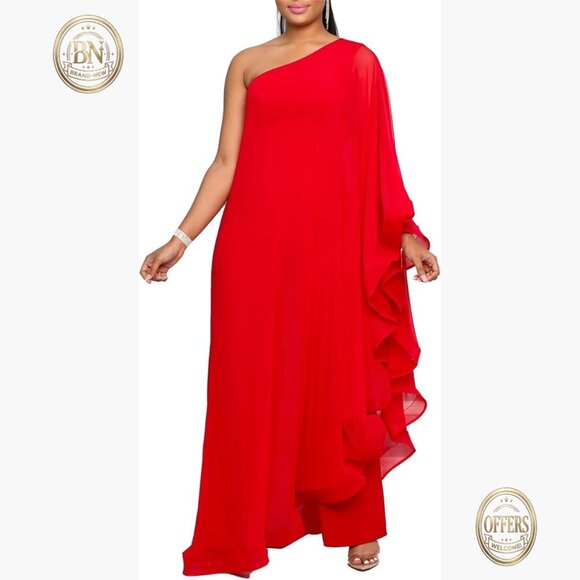Polyester Blend One Shoulder Ruffle Jumpsuit Wide Leg Elegant